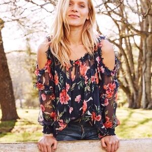 Johnny Was Desi Cold Shoulder 100% Silk Top Sz M Floral Sheer Boho Ruffle Tunic